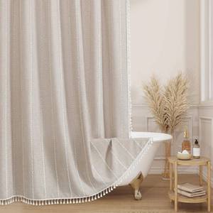 lot 5816 image: MitoVilla Boho Farmhouse Fabric Shower Curtain, Tan Brown Modern Polyester Linen Shower Curtains for Vintage Rustic Bathroom Decor, Country Tassel Thick Cloth Shower Curtain, Taupe, 72 x 72