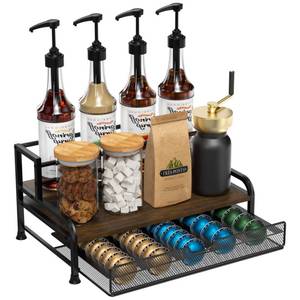 lot 5823 image: Coffee Syrup Rack Organizer, 3-Tier 8 Bottles Syrup Rack with Pod Holder Drawer for Nespresso Pods, Holds up to 30 Big or 40 Small Capsules