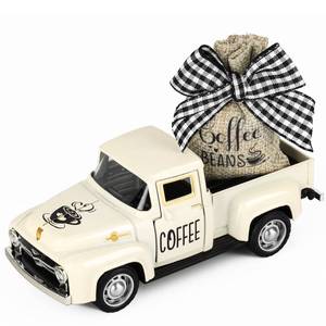 lot 5832 image: Hooqict Coffee Bar Decor Mini Metal White Truck with Beans Burlap Sack for Home Farmhouse Kitchen Tiered Tray Decor Coffee Bar Accessories Coffee Station Decorations