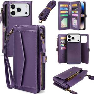 lot 5833 image: DKDKSIP Compatible with iPhone 17 Pro 6.3 Wallet Case with RFID Blocking Card Holder for Women, PU Leather Flip Zipper Wallet Detachable Magnetic Phone Case Crossbody Strap, Purple