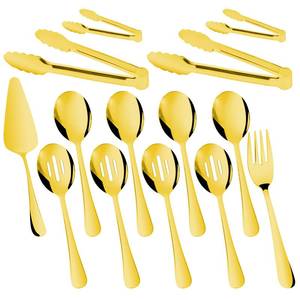 lot 5837 image: 14PCS Serving Utensils - Hostess Serving Utensils Set, Premium Stainless Steel 8.7 inch Serving Utensils, Slotted Spoons, Fork, Tongs, Cake Pie Server for Buffet, Wedding, Dinner (Gold)