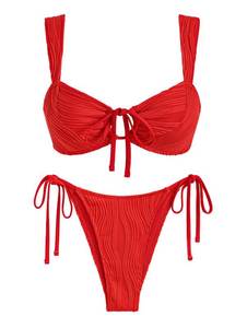 lot 5848 image: ZAFUL Womens Cinched Bikini Solid Color Wave Textured Knotted Tied Side Two Piece Swimsuit Bathing Suits (Red, XL)