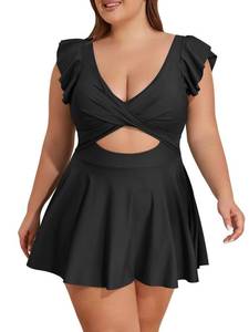 lot 5849 image: B2prity Womens Plus Size Swimsuit Tummy Control One Piece Swimdress Ruffle V Neck Cutout Wrap Bathing Suit with Skirt Black 18W
