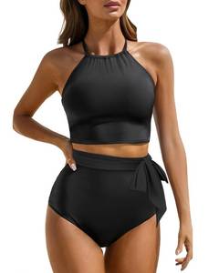 lot 5851 image: Tempt Me Women Black High Waisted Bikini Sets - Two Piece Swimsuit High Neck Bathing Suits Tummy Control Swimwear XS