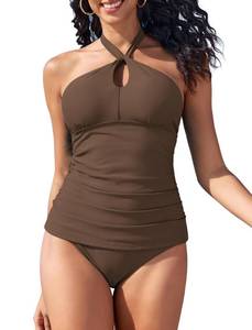 lot 5855 image: ZAFUL Tankini Tops for Women Tie Back Lace Up Tummy Control Solid Modest Bottom Womens Beach Holiday Coffee M