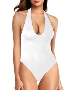 lot 5863 image: Chunpin Bodysuits for Women Halter Tops Summer V Neck Going Out Backless Body Suits White L