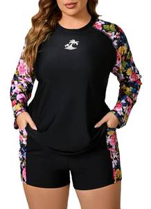 lot 5872 image: JOYBIK Women Plus Size Long Sleeve Rash Guard Built in Bra Swim Shirt and Shorts with Pockets UPF50 Two Piece Swimsuit Black Floral 2X