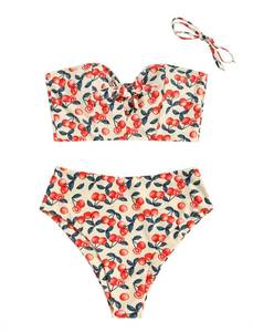 lot 5873 image: ZAFUL Womens Keyhole Tied High Waisted Bikini Sets Spaghetti Straps 2 Pieces Swimsuit Bathing Suit 0-Flag L
