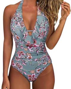 lot 5874 image: SUUKSESS Women Sexy Halter One Piece Swimsuits Ruffle V Neck Tummy Control Bathing Suits (Retro Red Floral, S)