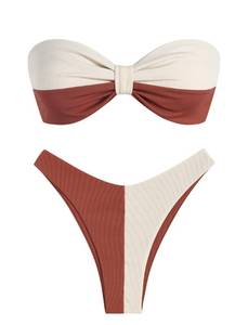 lot 5883 image: ZAFUL Women Strapless Ribbed High Cut Bandeau Bikini Lace Up 2 Pieces Swimwear(7-Coffee,L)