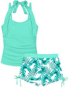 lot 5886 image: TALLWH Girls Swimsuits Size 14-16 Halterneck Teen Swimsuits for Girls Size 14-16 Tankini Bathing Suits with Floral Printed Drawstring Shorts Two Piece Girl Swimsuit Teen Swimwear Light Green