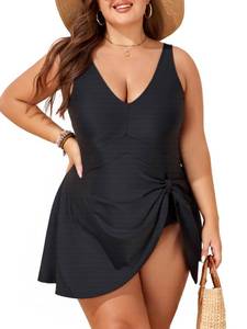 lot 5887 image: Smismivo Plus Size Swim Dress Tummy Control Swimsuit for Women One Piece Bathing Suit V Neck Swimdress Modest Full Coverage Swim Skirt Slimming Curvy Swimwear (Black) 4XL