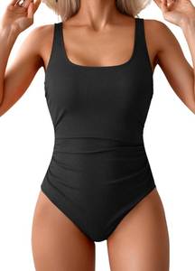 lot 5891 image: Aidonger One Piece Swimsuit for Women Ribbed Tummy Control Bathing Suit Ruched Swim Suit Slimming Swimwear Orange Large