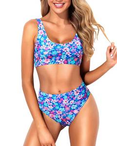 lot 5893 image: Tempt Me Women Blue Floral Sporty Bikini Set Two Piece High Waisted Swimsuit Athletic Scoop Neck Bathing Suit XL