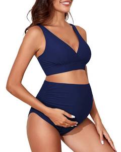 lot 5894 image: Century Star Maternity Swimsuit Bikini Set High Waisted Pregnancy Bathing Suits V Neck Push Up Two Piece Swimwear Navy Large
