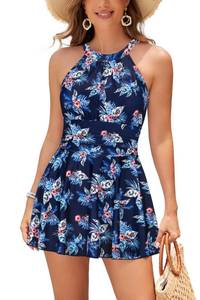 lot 5896 image: SHEKINI Womens Elegant One Piece Swimdress High Neck Swim Dress Ruched Swim Skirt(Navy Blue Trumpet Flower, Small)