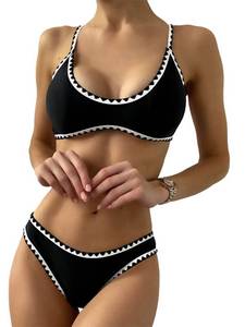 lot 5899 image: ZAFUL Womens Tie Back Padded High Cut Bralette Bikini Set Two Piece Swimsuit (2-Black, Large)
