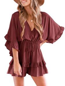 lot 5902 image: Valphsio Womens V Neck Beach Romper Ruffle Layered Drawstring Waisted Shorts Jumpsuit small