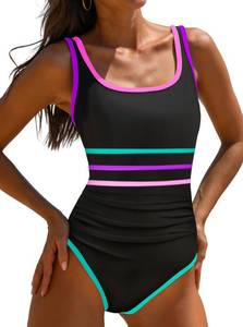 lot 5909 image: popvil Womens One Piece Swimsuits 2026 Tummy Control -Slimming Bathing Suit Modest Neon Sport Swimwear,BlackPurple Stripe,Medium