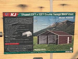 lot 7165 image: Unused KJ Metal 23x22ft Double Garage Shed (K2223G)- Red Brown