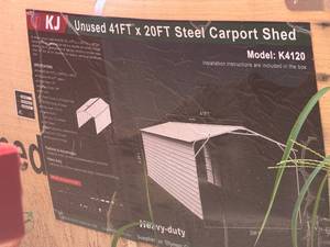 lot 7168 image: Unused KJ Metal 41x20ft Steel Carport Shed (K4120) Cream