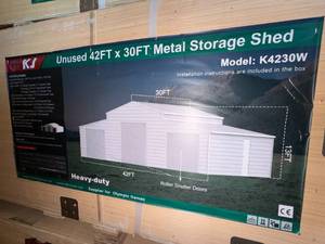 lot 7205 image: Unused KJ Metal 42x30ft Storage Shed (K4230W) Cream