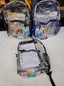 lot 62345 image: Set of 3 Clear Backpacks with Miscellaneous School Supplies