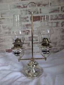 lot 2502 image: Double Oil Lamp Stand with Glass Shades and Metal Burners