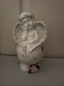 lot 3009 image: Cherub Angel Figurine with Scripture and Floral Accents