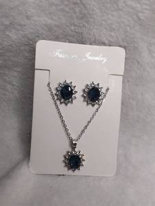 lot 3501 image: Costume Jewelry Blue Stone Oval Pendant Necklace and Earring Set