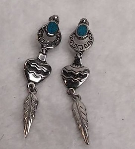 lot 3510 image: Pair of Turquoise Stone Drop Earrings with Heart and Feather Charms