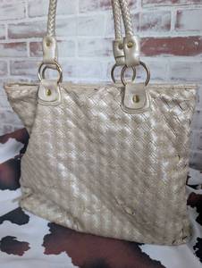 lot 4012 image: Woven Tote Bag with Dual Handles and Metal Accents