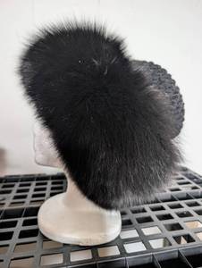 lot 4503 image: Black Fox or Rabbit Fur Beanie Hat with Knit Crown  Foam Head Display