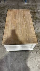 lot 3002 image: Signature Design by Ashley Realyn Lift Top Coffee Table �� Cottage Two-Tone  Chipped White & Distressed Wood  Storage Drawer  Spring-Lift Top