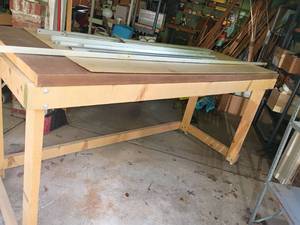lot 1020 image: Work Bench on Wheels with Panel Saw Guide.    Bench 40.5 x 81 x 32