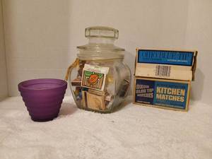 lot 1129 image: Glass Jar with Matches,  purple candle holder