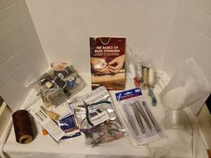 lot 1420 image: Bead Stringing Craft Supply Lot Book Tools Beads Wire Thread