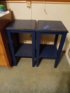 lot 1427 image: Pair of Blue Nightstands with Gold Nailhead Trim and Shelf 26x14x1