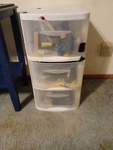 lot 1430 image: 3-Drawer Plastic Storage Container with Hinged Lids and miscellaneous