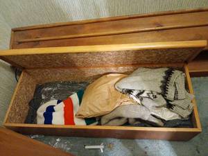 lot 1451 image: Wood Storage Chest with  Lid  additional box lot 1315  bring help to remove from closet and load
