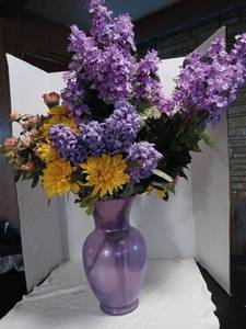 lot 1533 image: Purple Vase with Faux Floral Arrangement