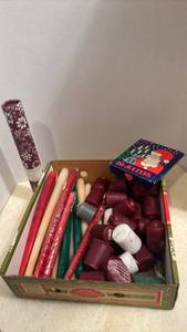 lot 1706 image: Assorted Holiday Candles, Cranberry Balm and Vintage candle box