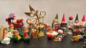 lot 1713 image: Holiday Christmas Ornament Collection Lot Nativity Angels Gnomes Sleigh Reindeer