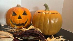 lot 1715 image: Carved Pumpkin Jack-O-Lantern, Ceramic Pumpkin and Corn