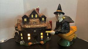 lot 1721 image: Halloween Haunted House Ceramic Light-Up with Witch on Broomstick