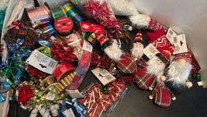 lot 1729 image: Holiday Decoration Lot Ribbon Bows Ornaments Stockings