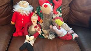 lot 1730 image: Holiday Decorative Fabric Dolls 4-Piece Set Santa Reindeer Snowman