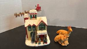 lot 1731 image: Holiday House Music Box with Reindeer Figurines