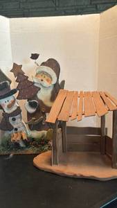 lot 1733 image: Holiday Decorative Display with Santa, Snowman and Wooden Arbor Structure
