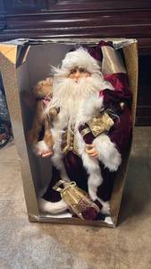 lot 1734 image: Santa Claus Figurine with White Beard Red Velvet Suit Gold Accents 3 ft